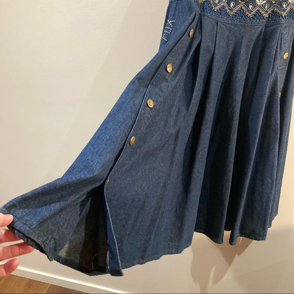 FOX Sz M Bohemian  Art to Wear Denim Jeans A-line Full Flare Buttoned Skirt - Picture 4 of 9